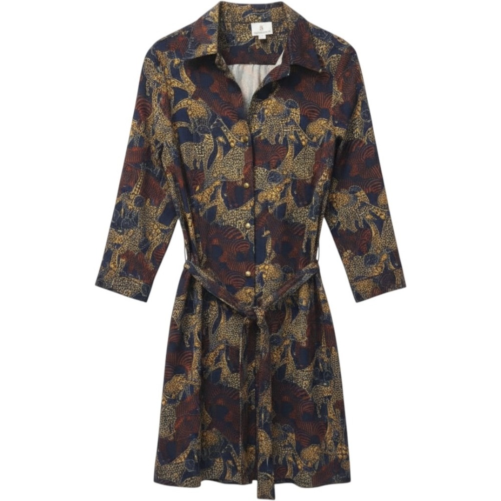 Julie Brown NYC Safari Animal Print Belted Shirt Dress Navy Gold XL